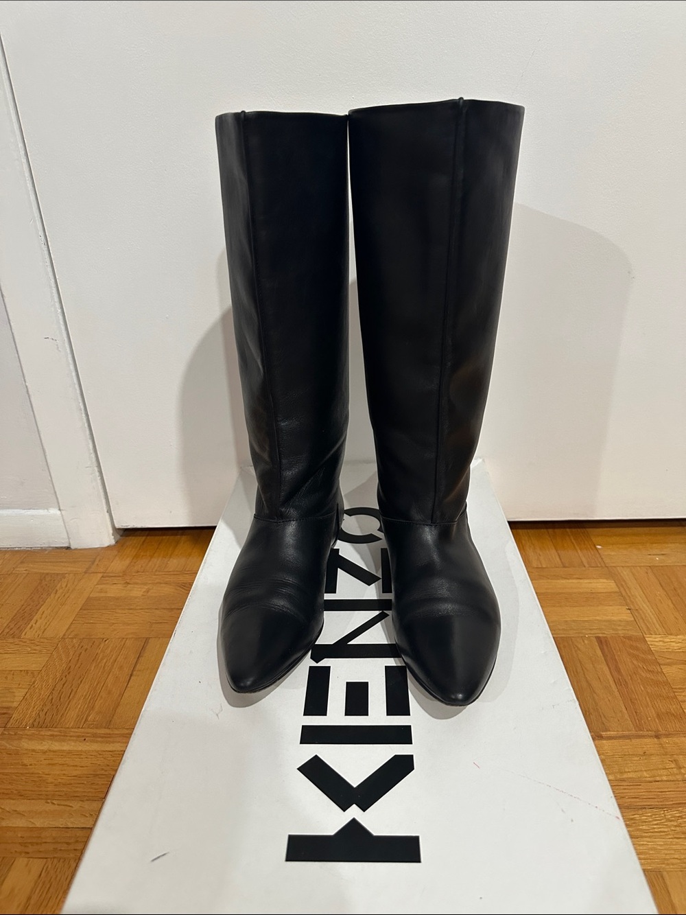 Kenzo Black Leather Knee-High Pointed Toe Boots
